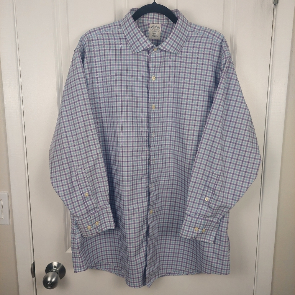 Brooks Brothers Non-Iron Cotton Dress Shirt, Men's 17 1/2 Blue & Lavender Check